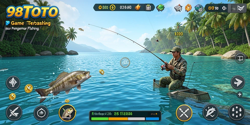 Screenshot gameplay 98TOTO menampilkan keseruan memancing di lautan.